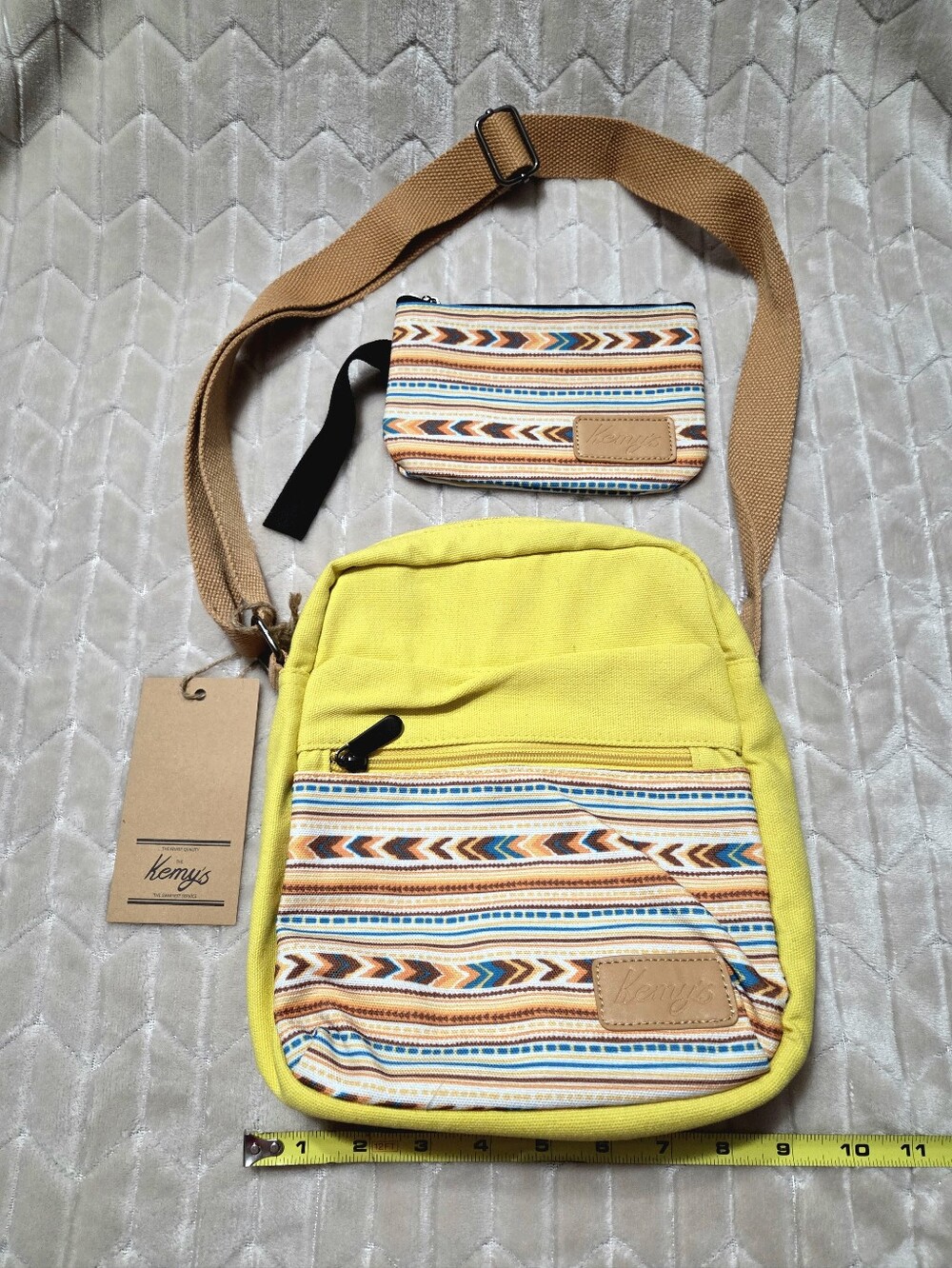 New Kemy's Yellow Crossbody Bag with Patterned Accent Pocket & Pouch